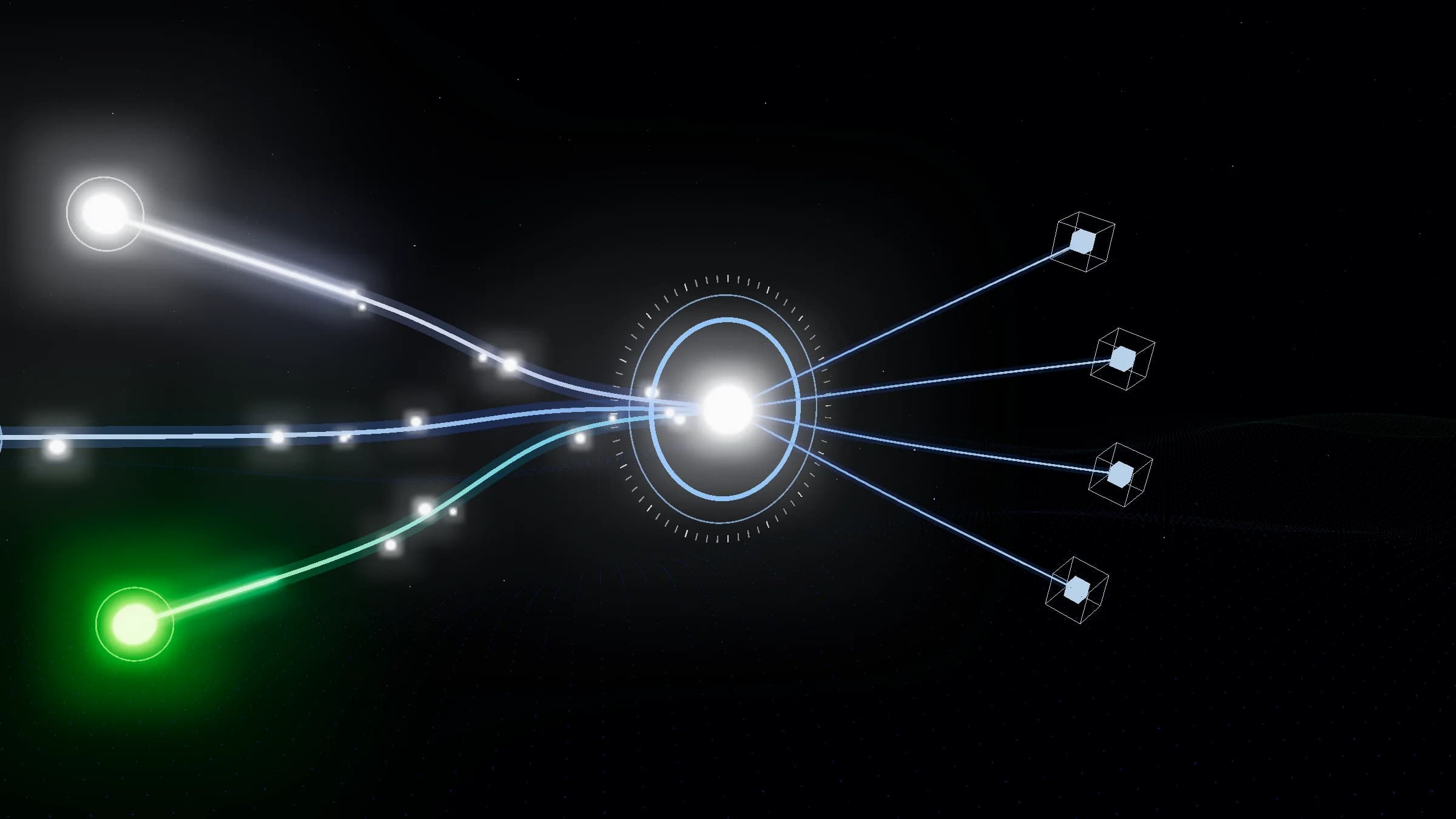 Three client orbs send beams into one glowing ring, which fans out to four tools.