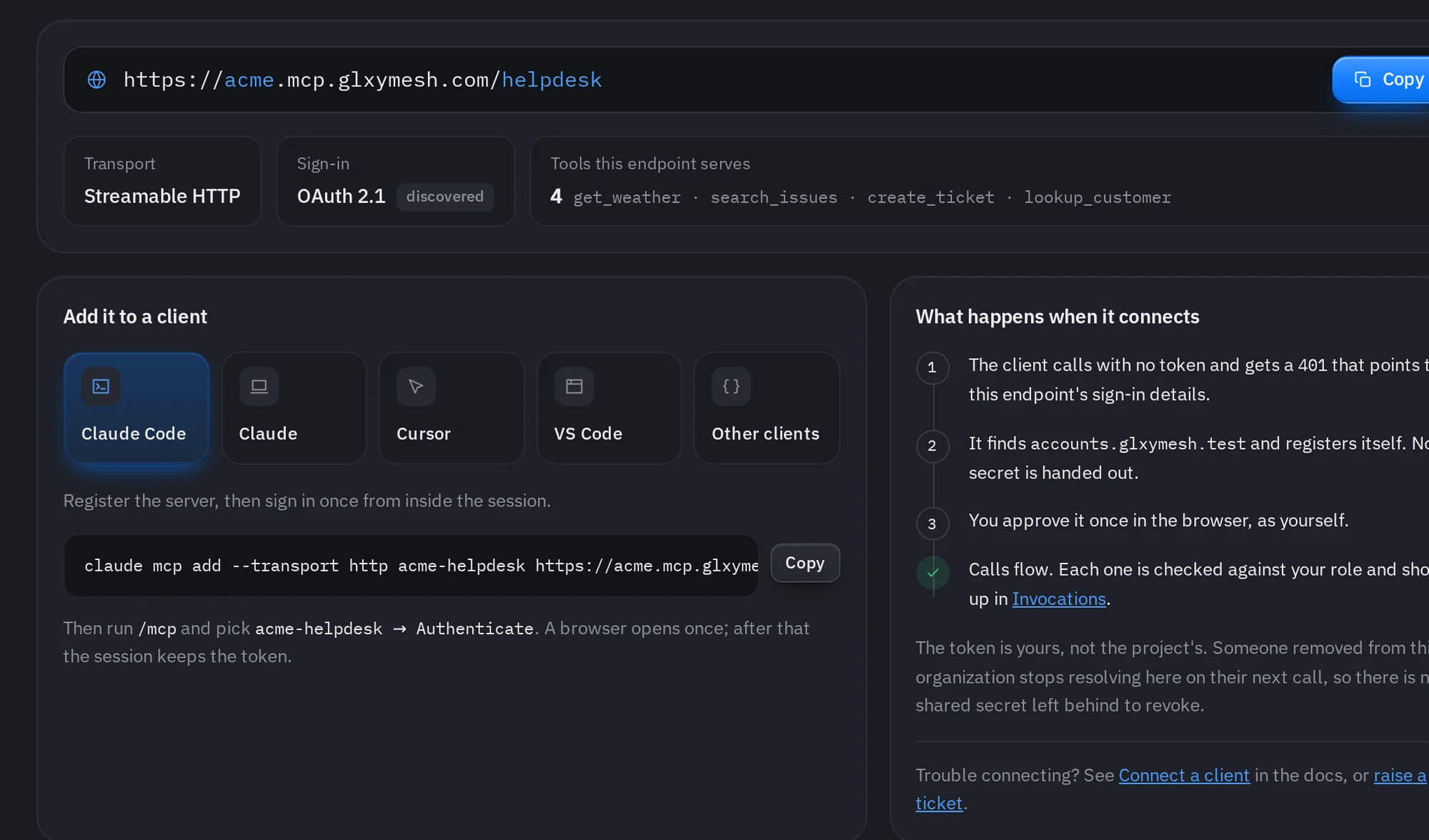 The console's Connect page: the project address, its transport and sign-in, the command for Claude Code, and the steps that happen when a client connects.