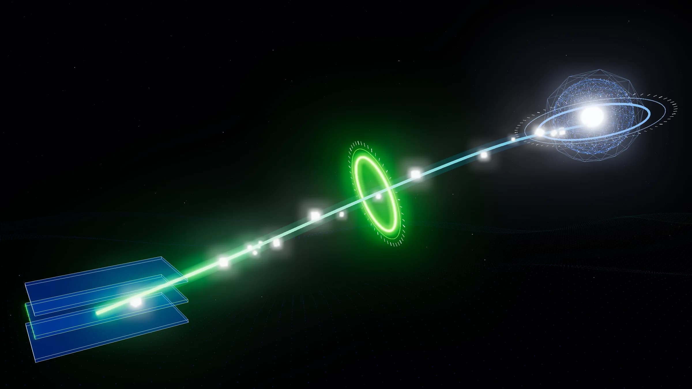 Three stacked plates of a project rise along a beam of light through a green test ring to a glowing endpoint.