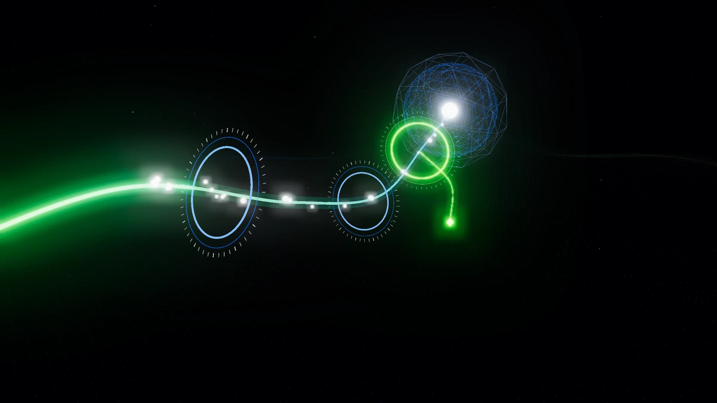 A beam of light runs through three glowing rings, the gateway, the Lambda and egress, where a green key joins it, and reaches a wireframe globe.