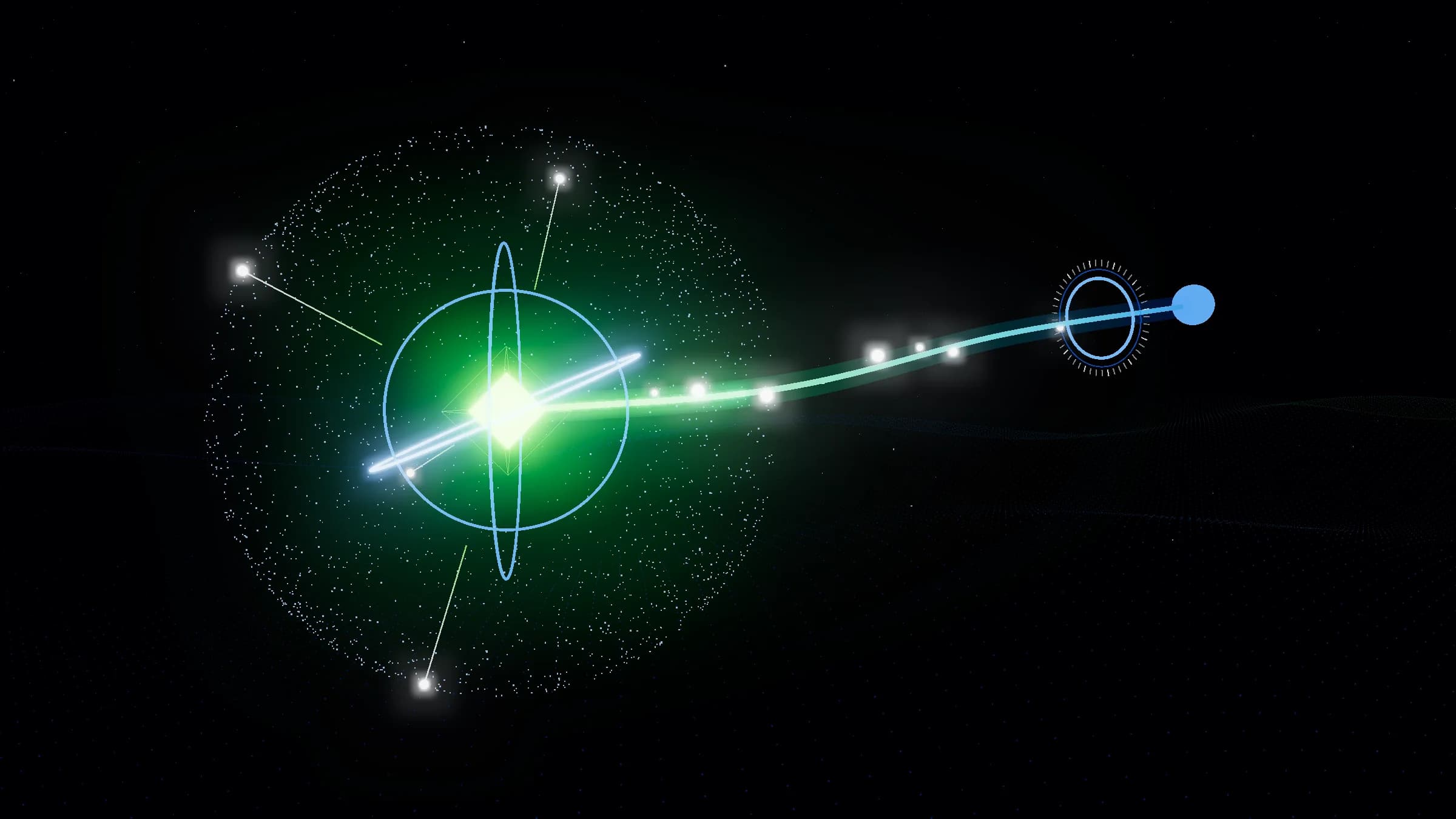 A green key held inside rings and a shell of points, with one beam leaving for the one host it is bound to while other paths stop at the shell.