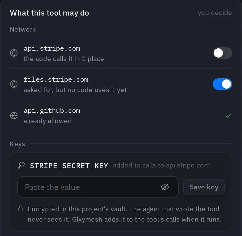 The Builder's approval panel: network hosts to allow, and STRIPE_SECRET_KEY, added to calls to api.stripe.com, with a box to paste its value.