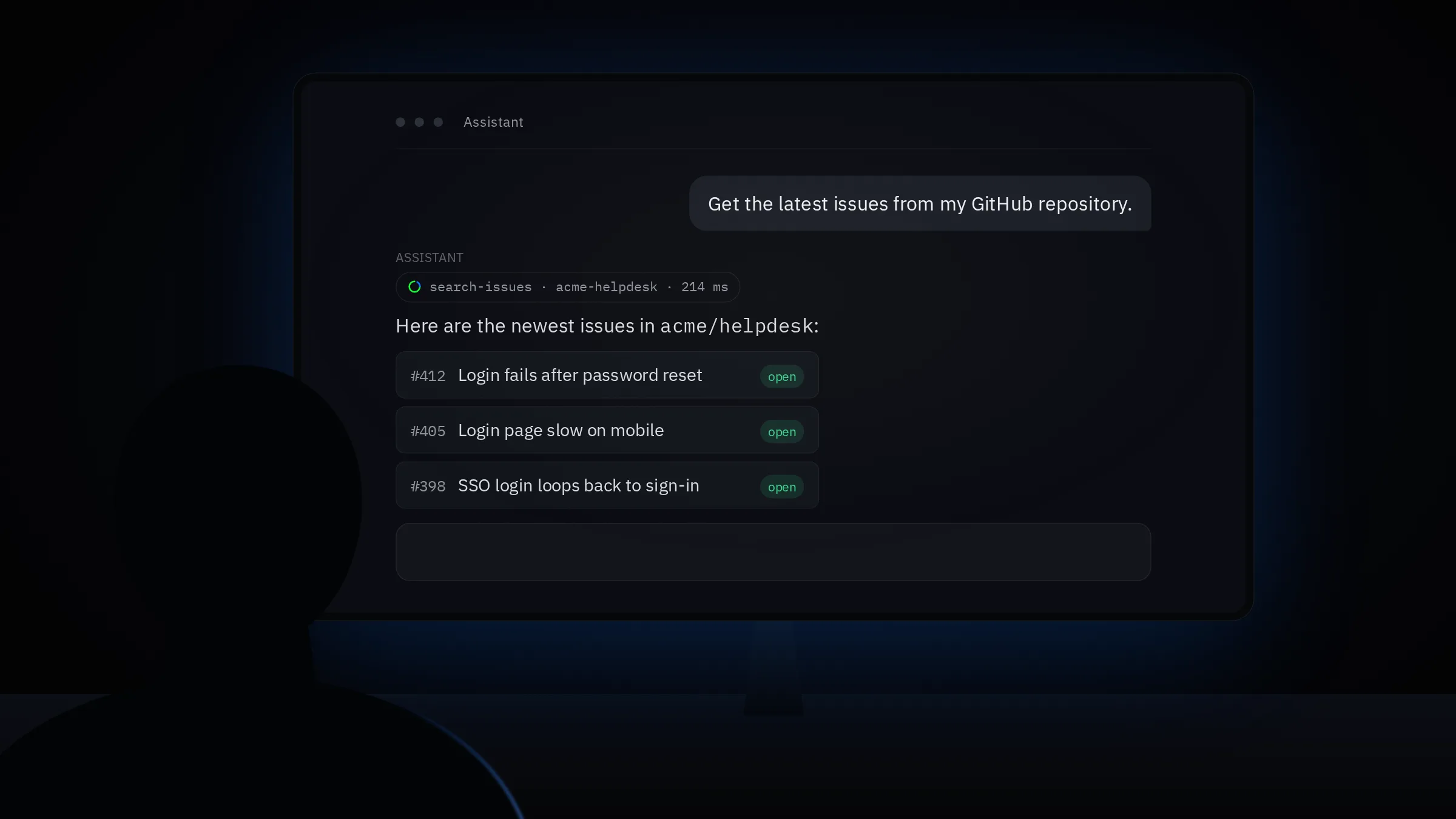 An AI assistant, asked for the latest issues in a GitHub repository, calls search-issues on acme-helpdesk in 214 ms and lists three open issues.